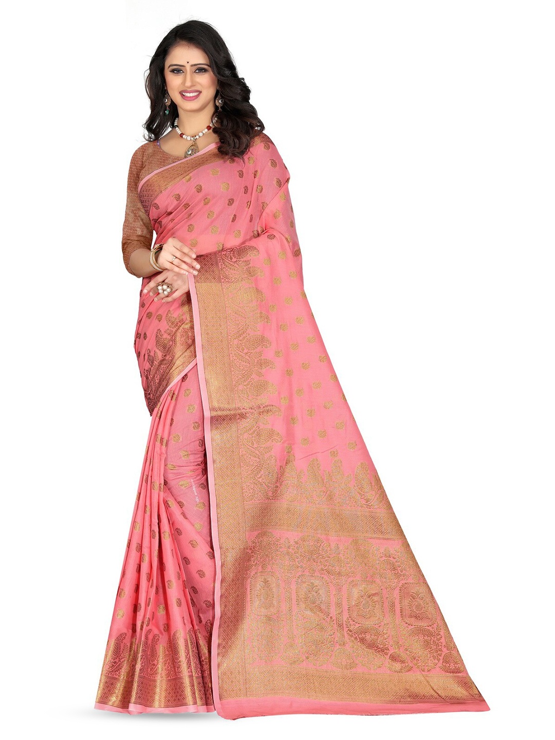 

VenderVilla Ethnic Motifs Woven Design Zari Banarasi Saree, Pink