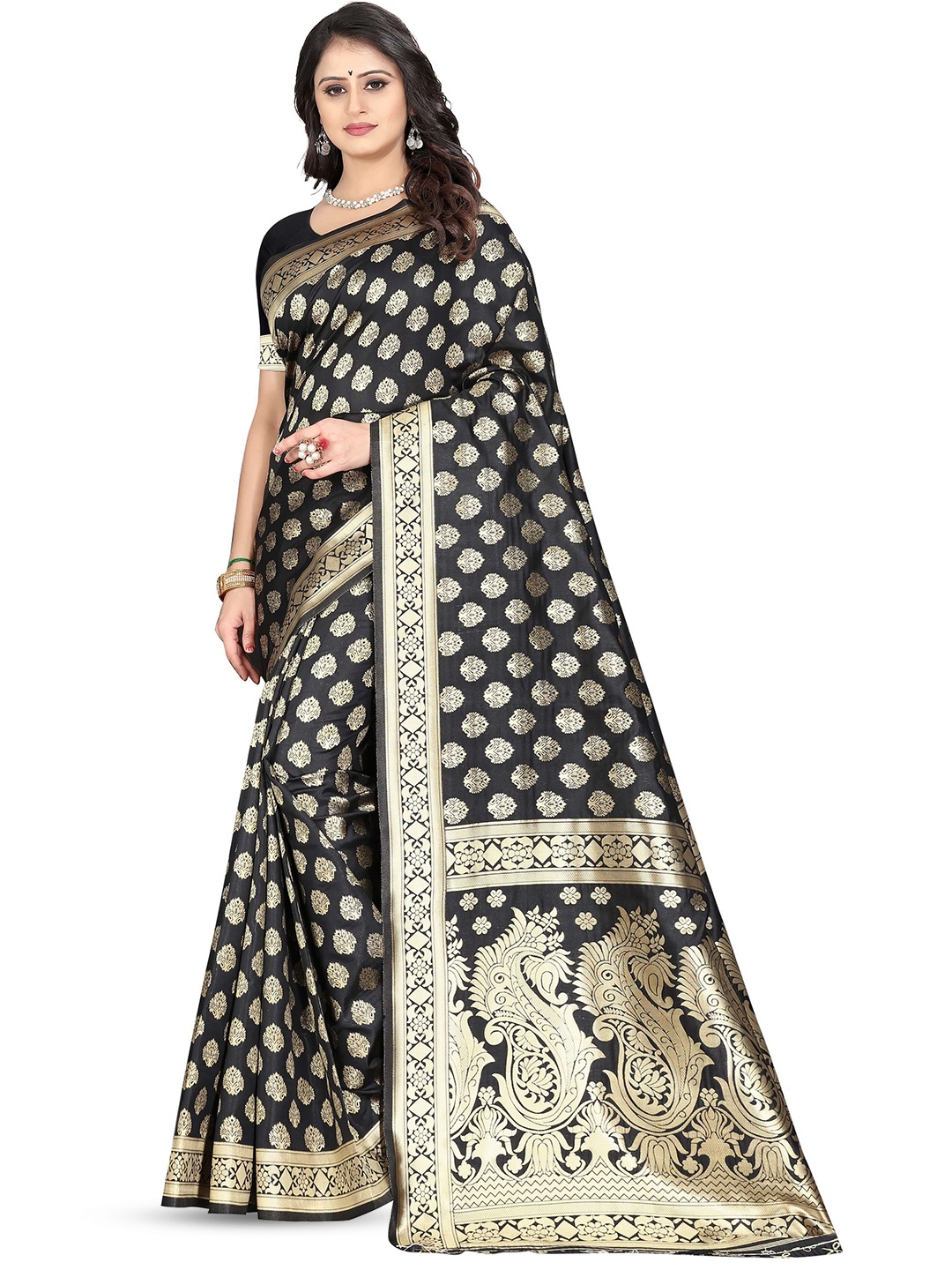 

VenderVilla Ethnic Motifs Woven Design Zari Saree, Black