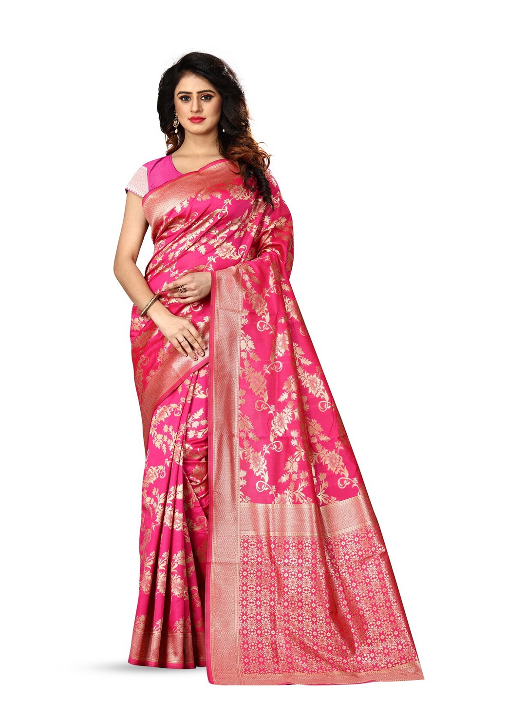 

VenderVilla Floral Woven Design Zari Saree, Pink