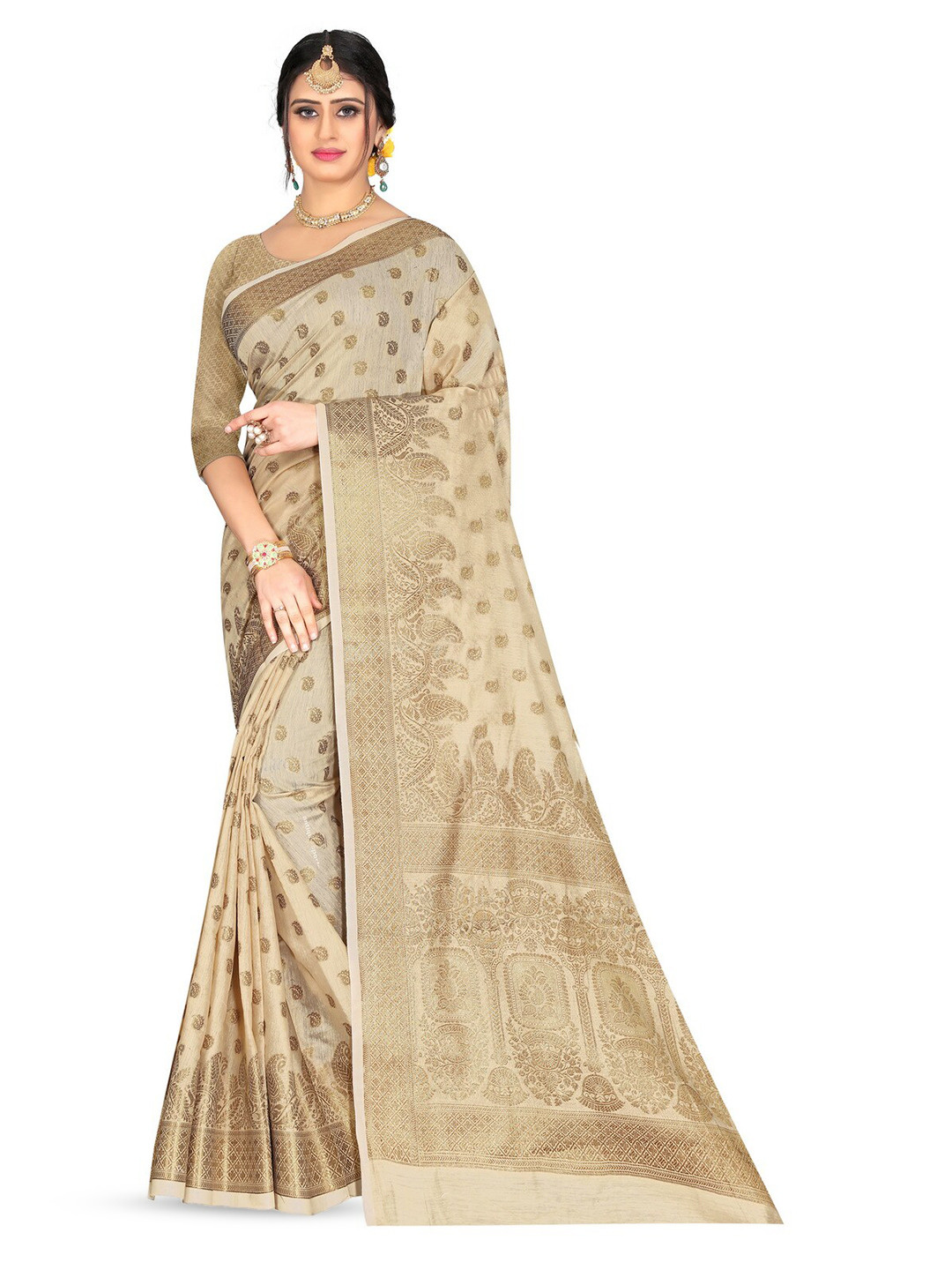 

VenderVilla Woven Design Ethnic Motifs Zari Banarasi Saree, Cream