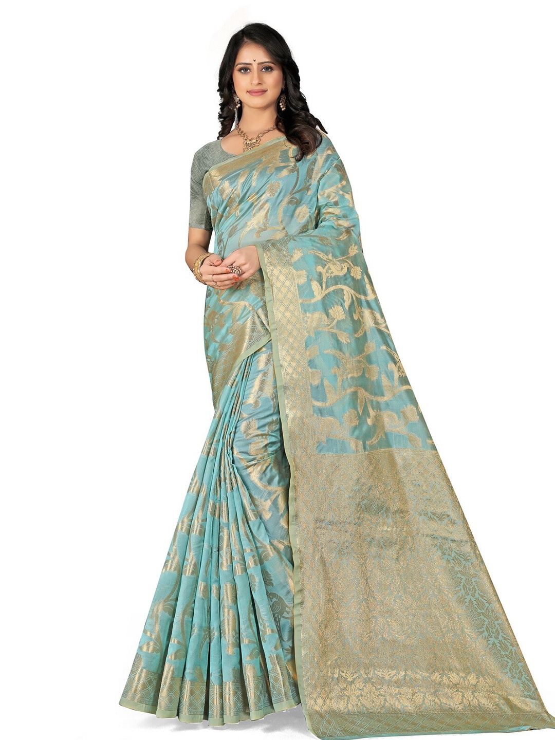 

VenderVilla Woven Design Floral Printed Zari Saree, Teal