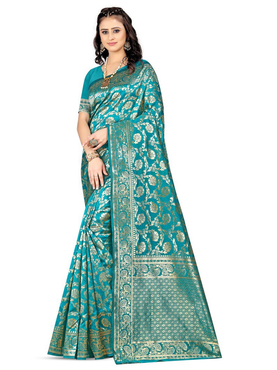 

VenderVilla Floral Woven Design Zari Banarasi Saree, Teal