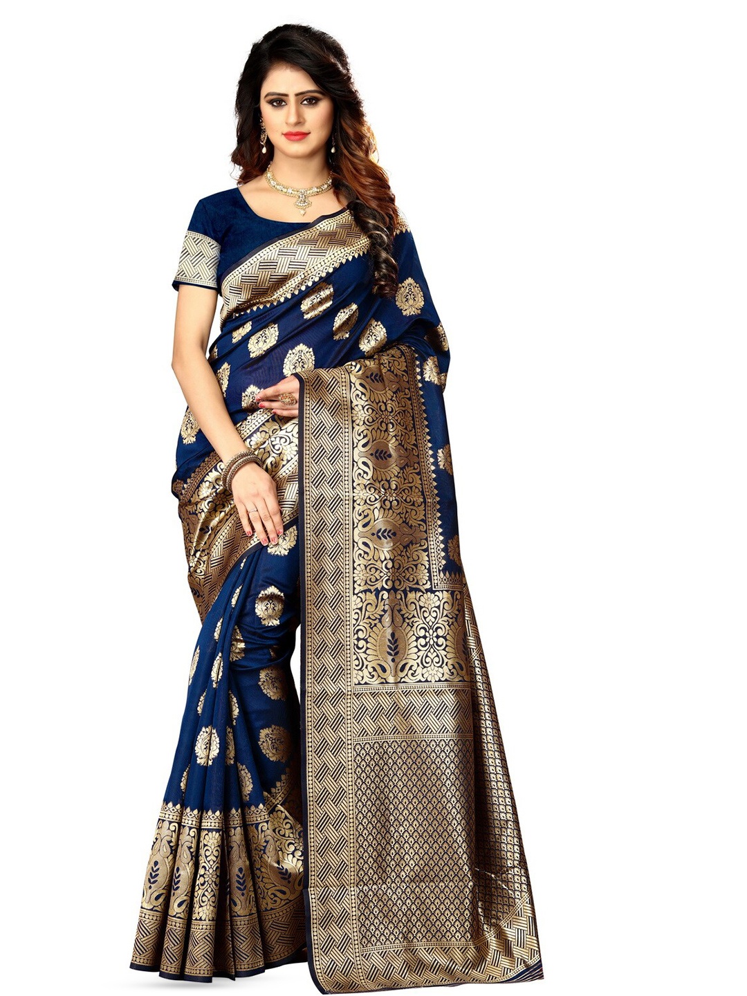 

VenderVilla Ethnic Motifs Woven Design Zari Saree, Navy blue