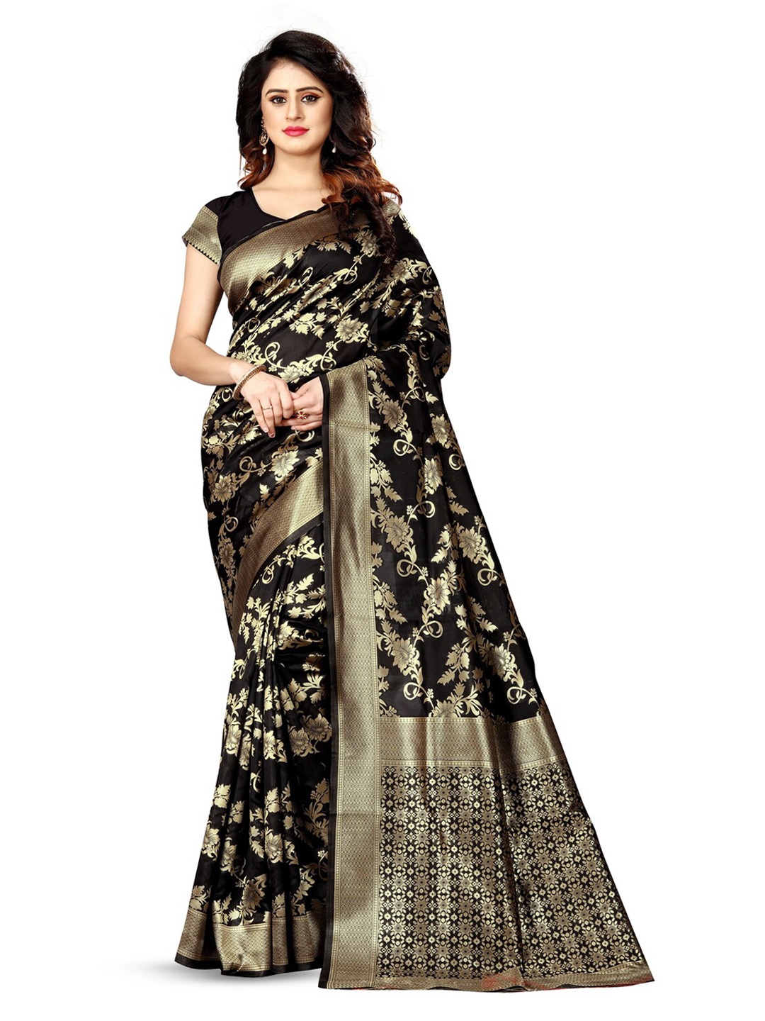 

VenderVilla Woven Design Zari Saree, Black
