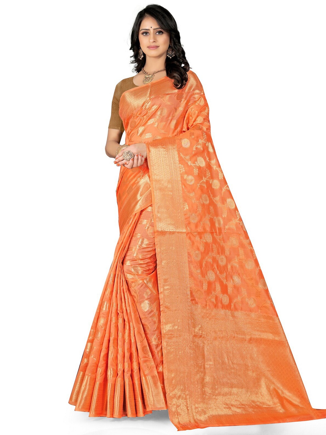 

VenderVilla Floral Woven Design Zari Silk Blend Saree, Orange