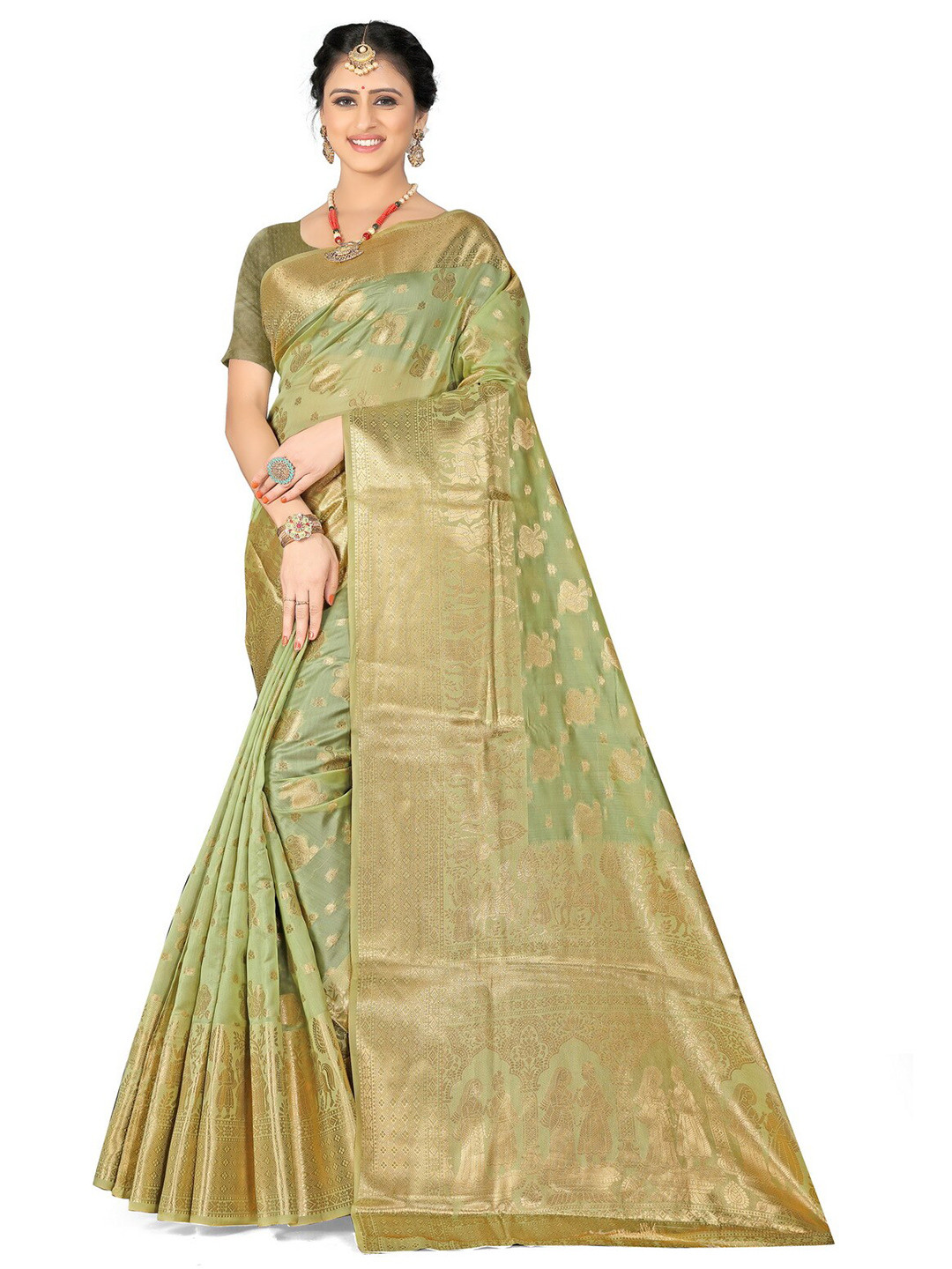 

VenderVilla Ethnic Motifs Woven Design Zari Saree, Green