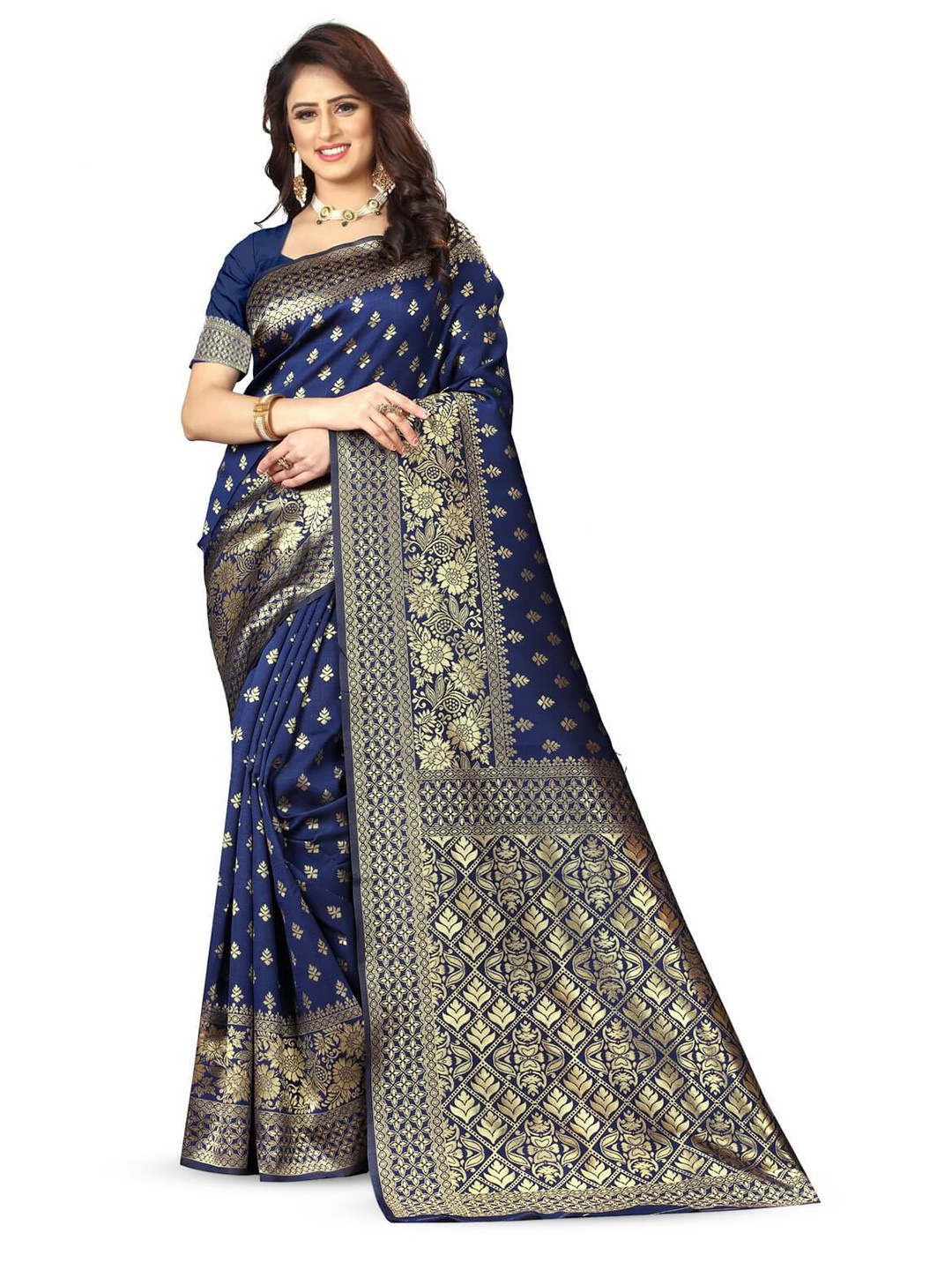 

VenderVilla Ethnic Motifs Woven Design Zari Saree, Navy blue