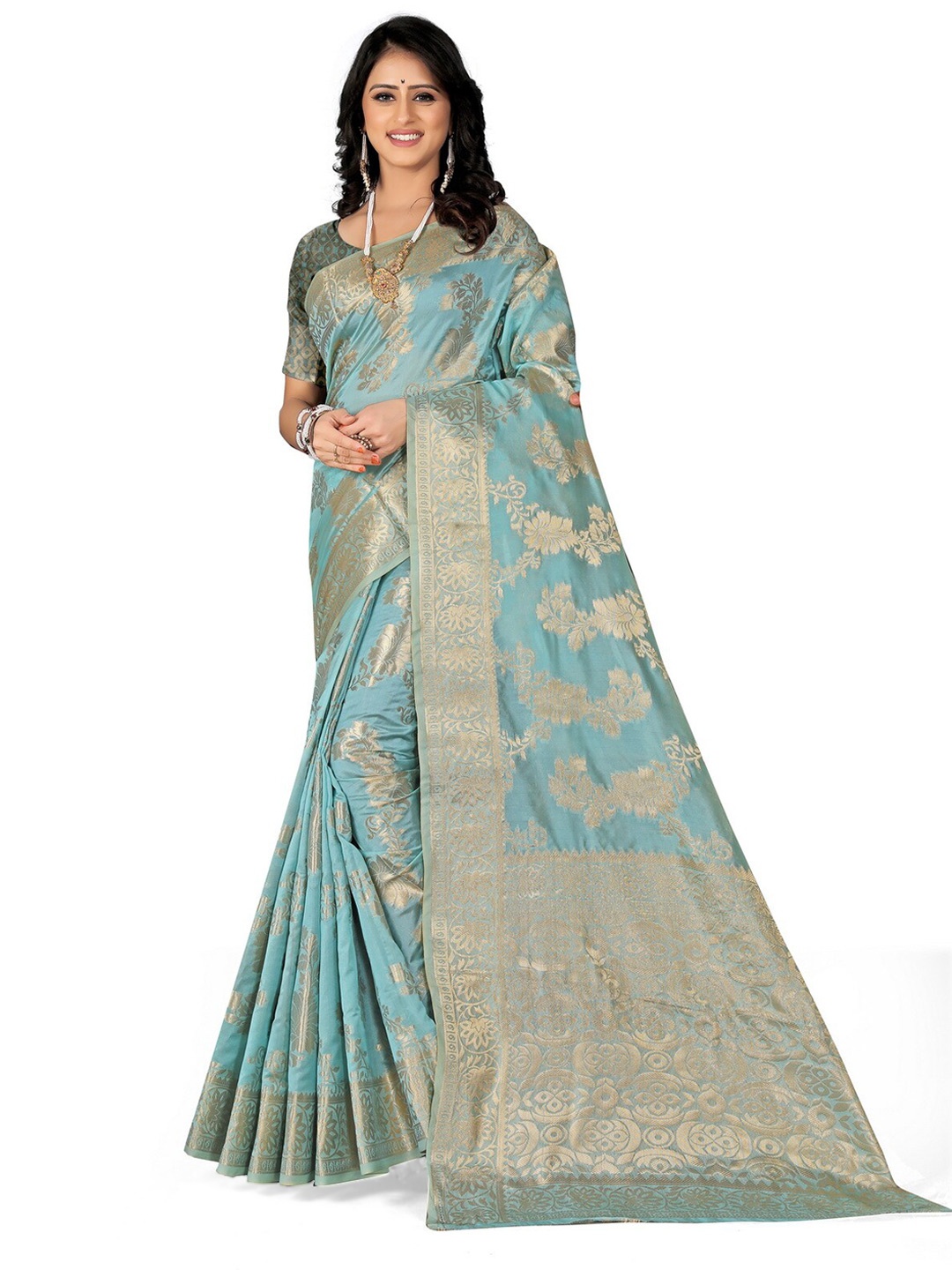 

VenderVilla Ethnic Motifs Woven Design Zari Saree, Teal