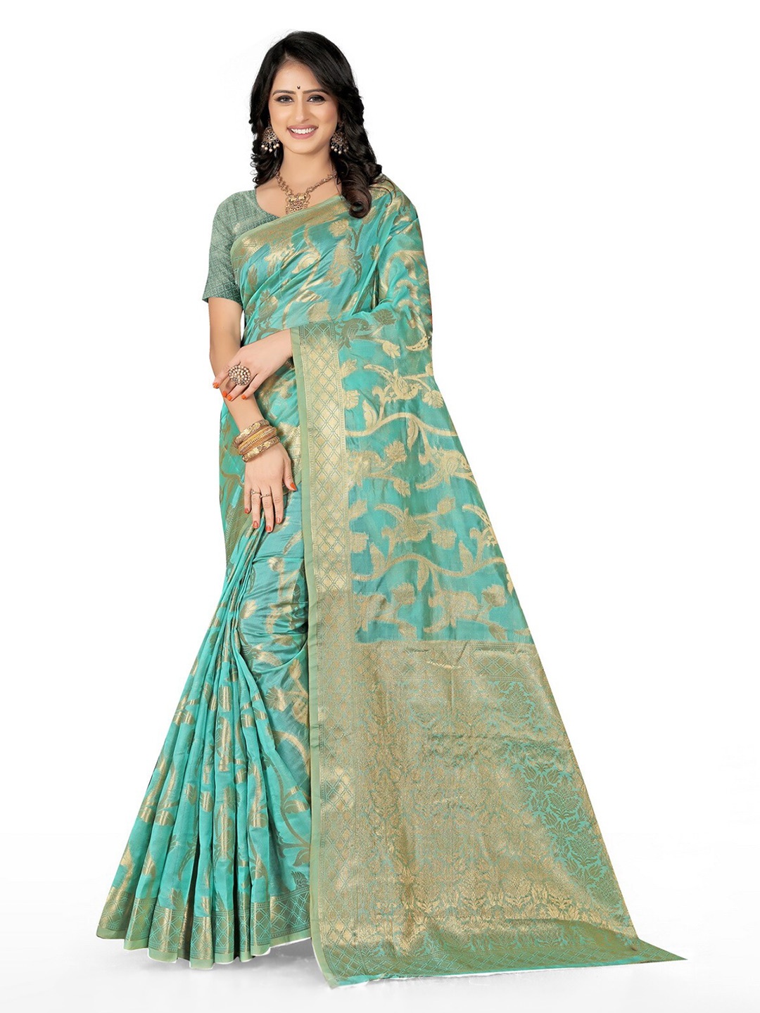 

VenderVilla Ethnic Motifs Zari Saree, Teal