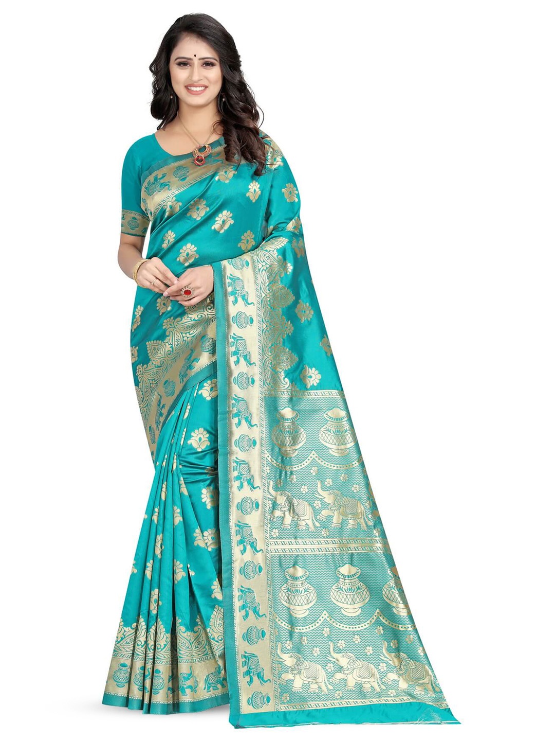 

VenderVilla Ethnic Motifs Woven Design Zari Kanjeevaram Saree, Teal