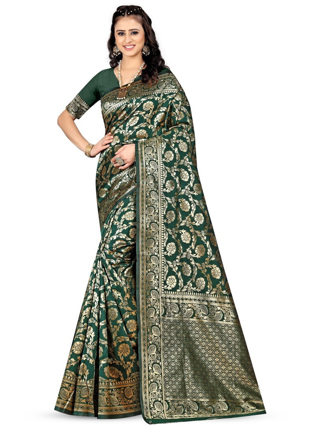 

VenderVilla Floral Woven Design Zari Saree, Green