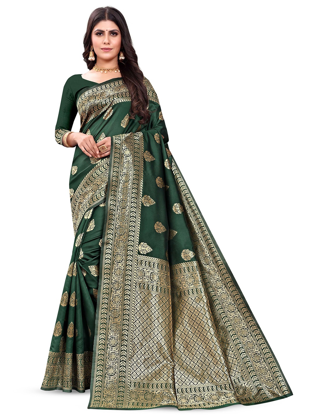 

VenderVilla Ethnic Motifs Woven Design Zari Jacquard Banarasi Saree, Green