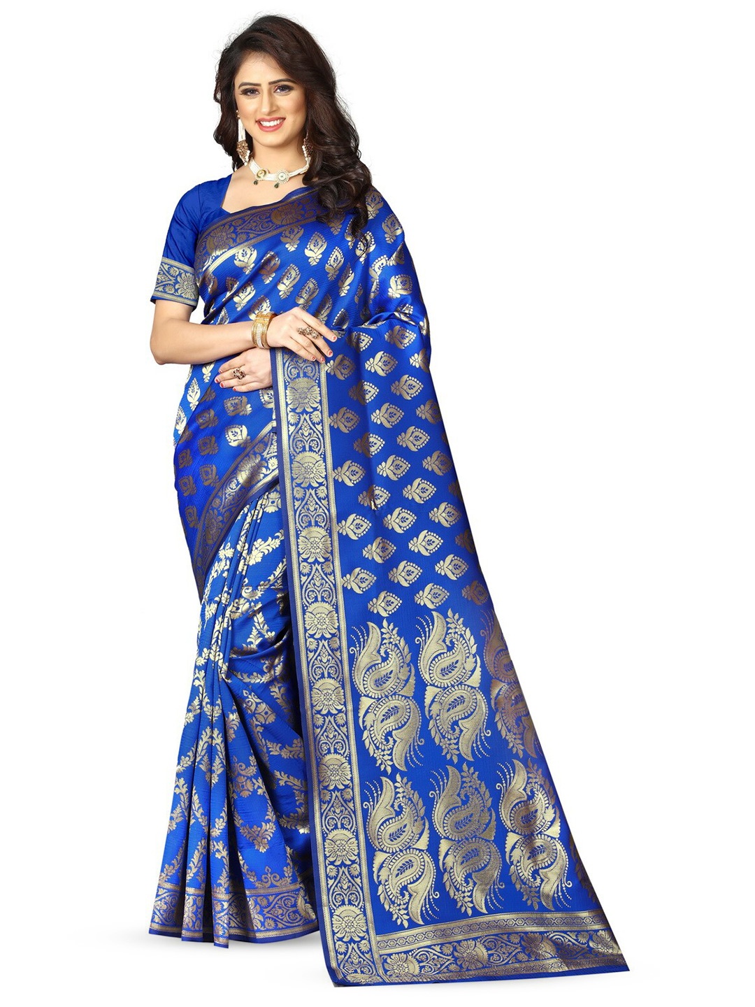 

VenderVilla Ethnic Motifs Woven Design Zari Blend Saree, Blue
