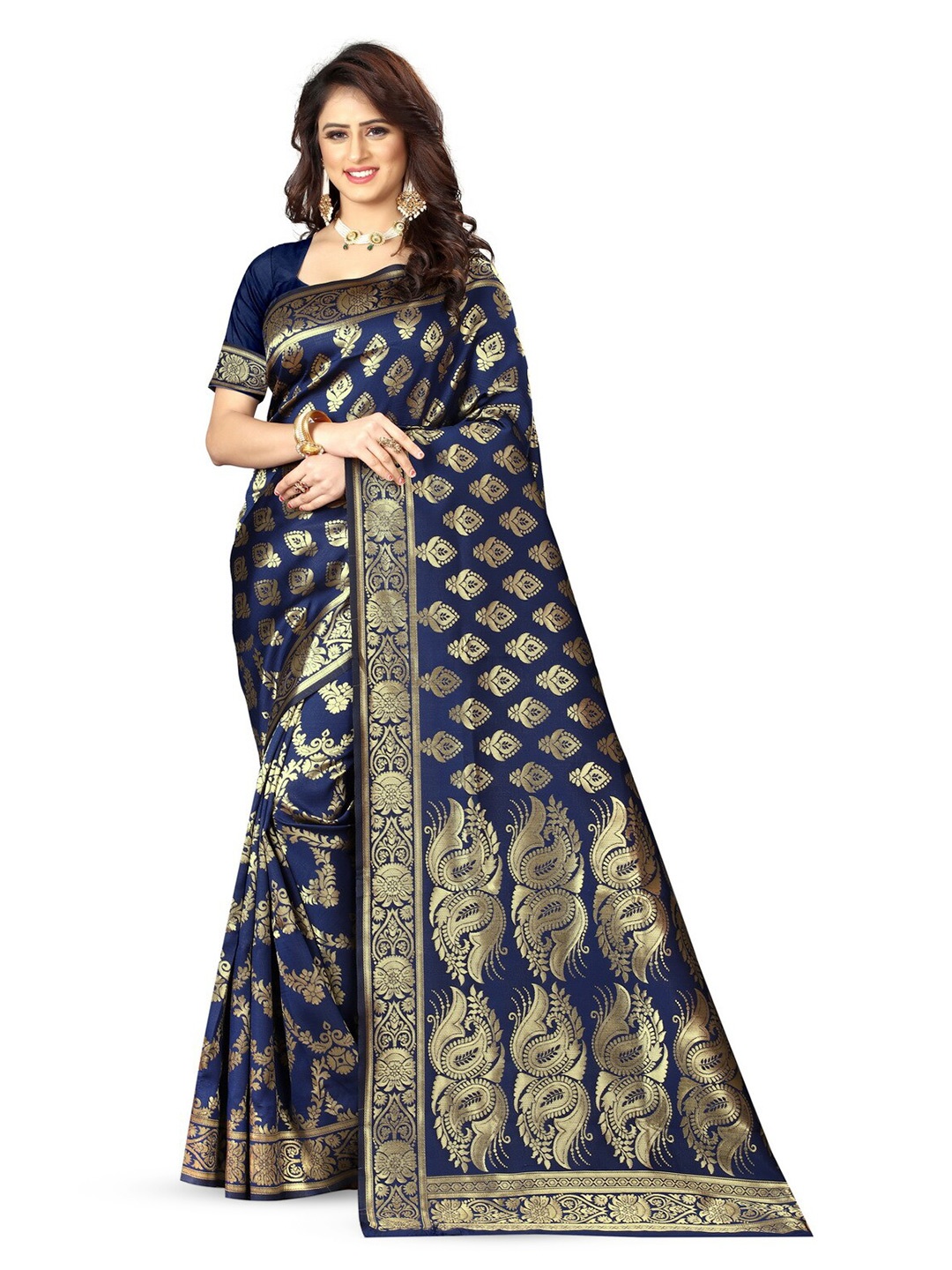 

VenderVilla Ethnic Motifs Woven Design Zari Banarasi Saree, Navy blue