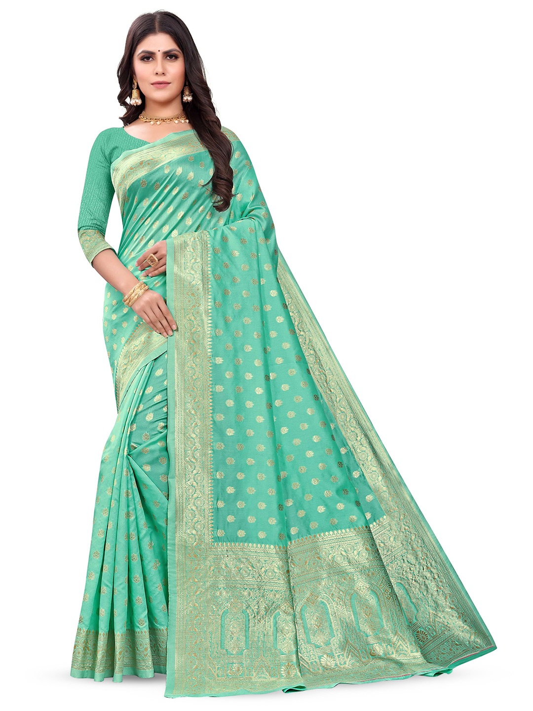 

VenderVilla Ethnic Motifs Woven Design Zari Saree, Teal