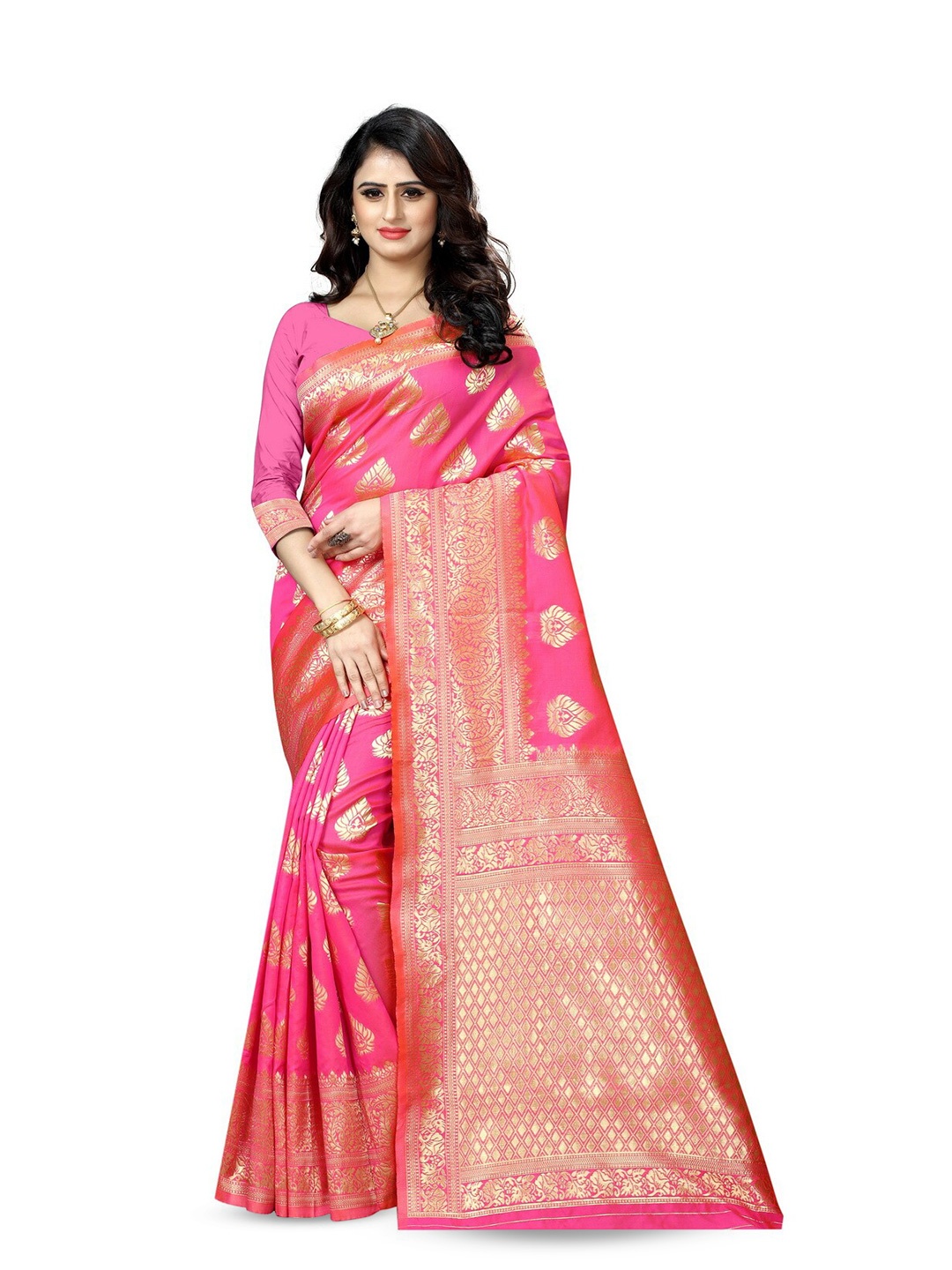 

VenderVilla Ethnic Motifs Zari Silk Blend Saree, Pink