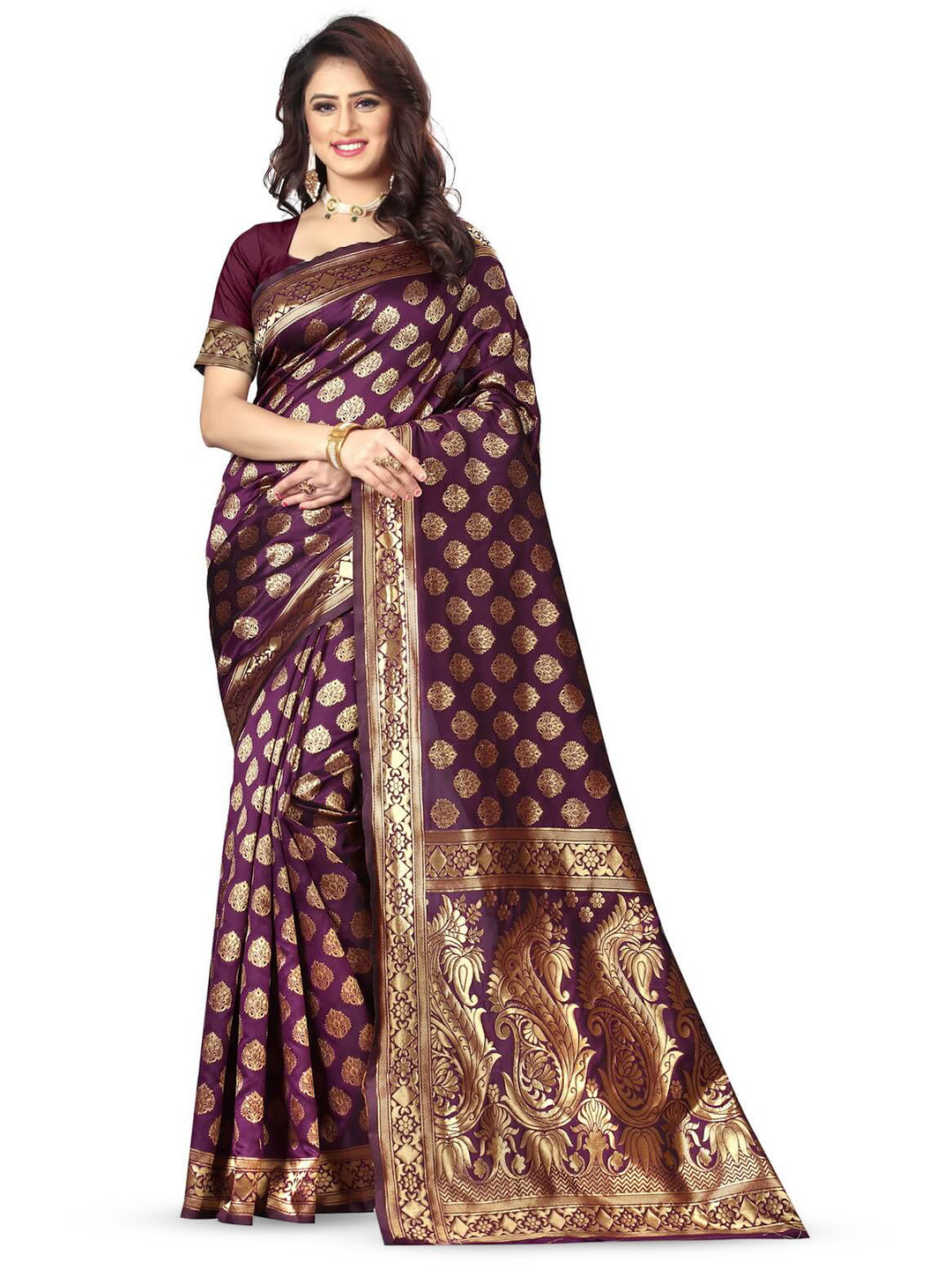

VenderVilla Ethnic Motifs Woven Design Zari Banarasi Saree, Purple