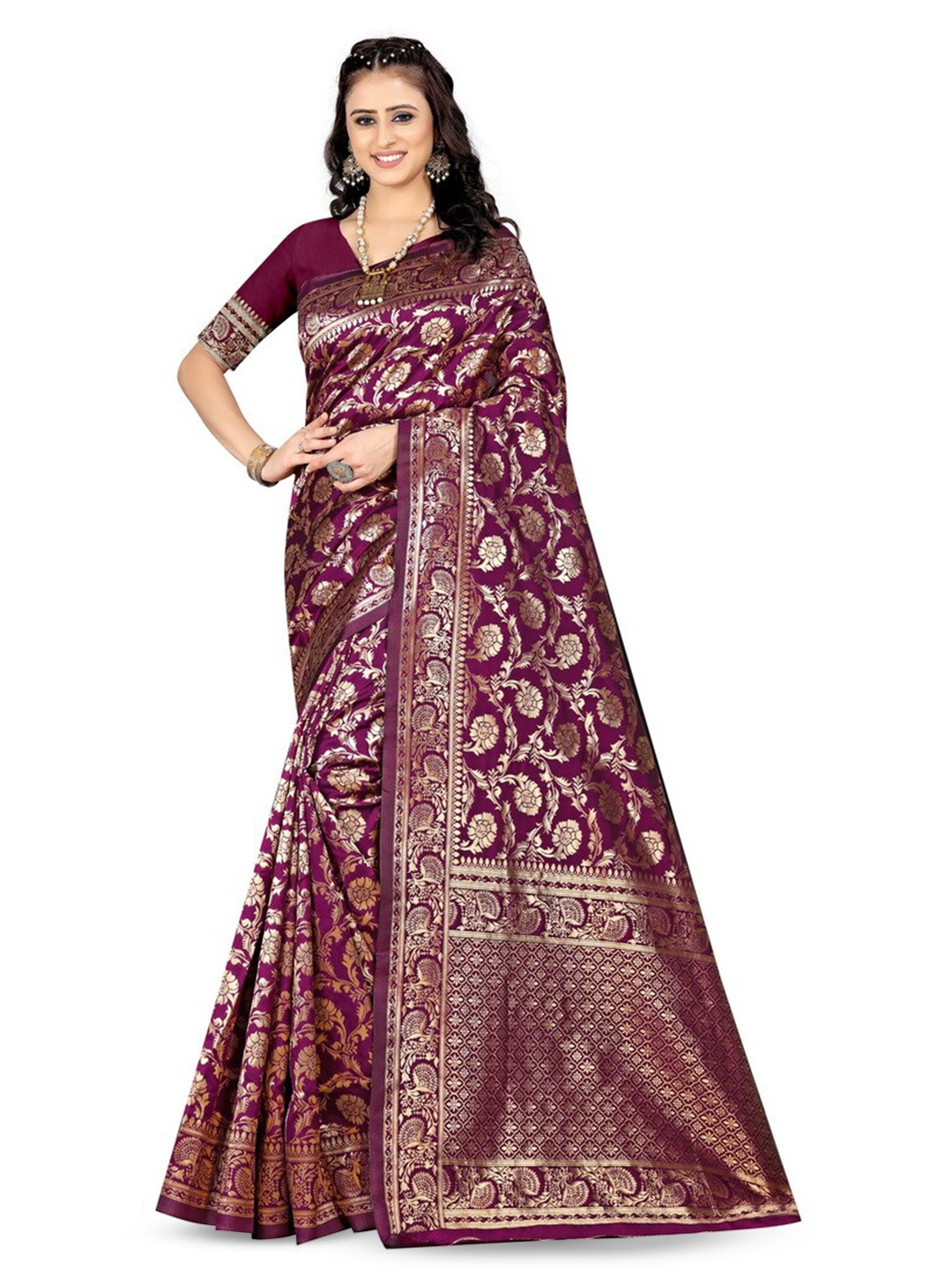 

VenderVilla Floral Woven Design Zari Saree, Purple
