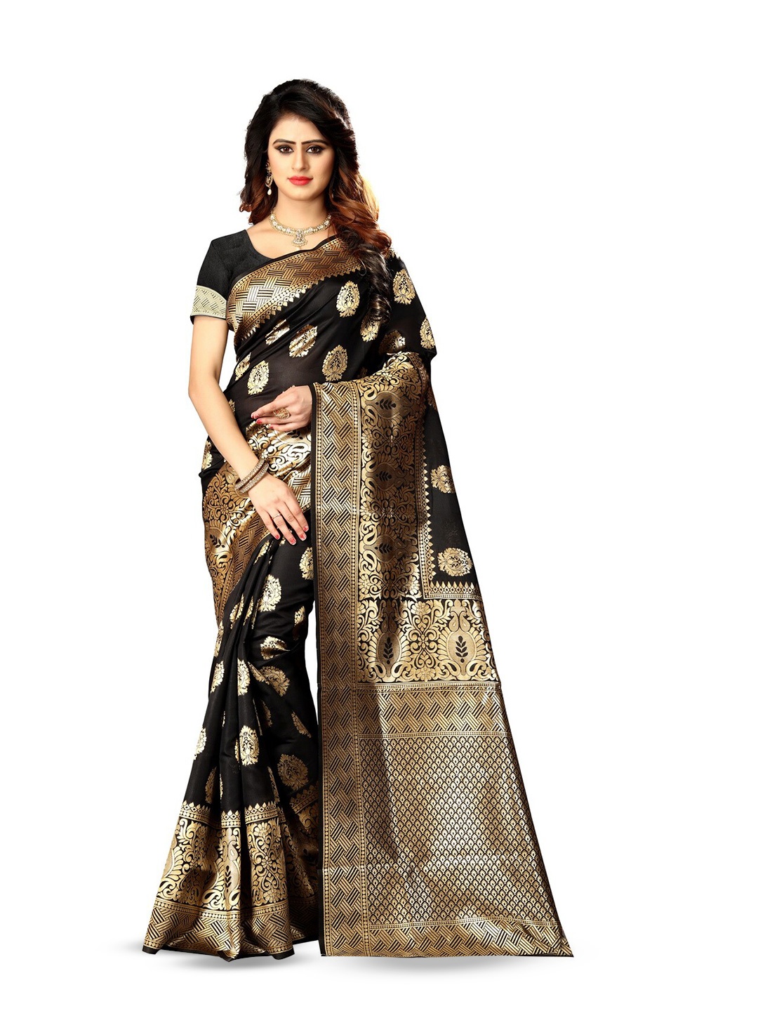 

VenderVilla Ethnic Motifs Woven Design Zari Saree, Black