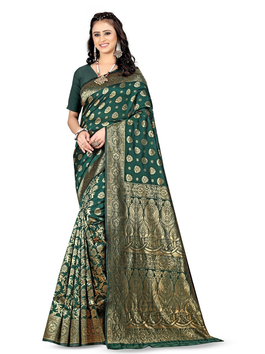 

VenderVilla Ethnic Motifs Woven Design Zari Banarasi Saree, Green