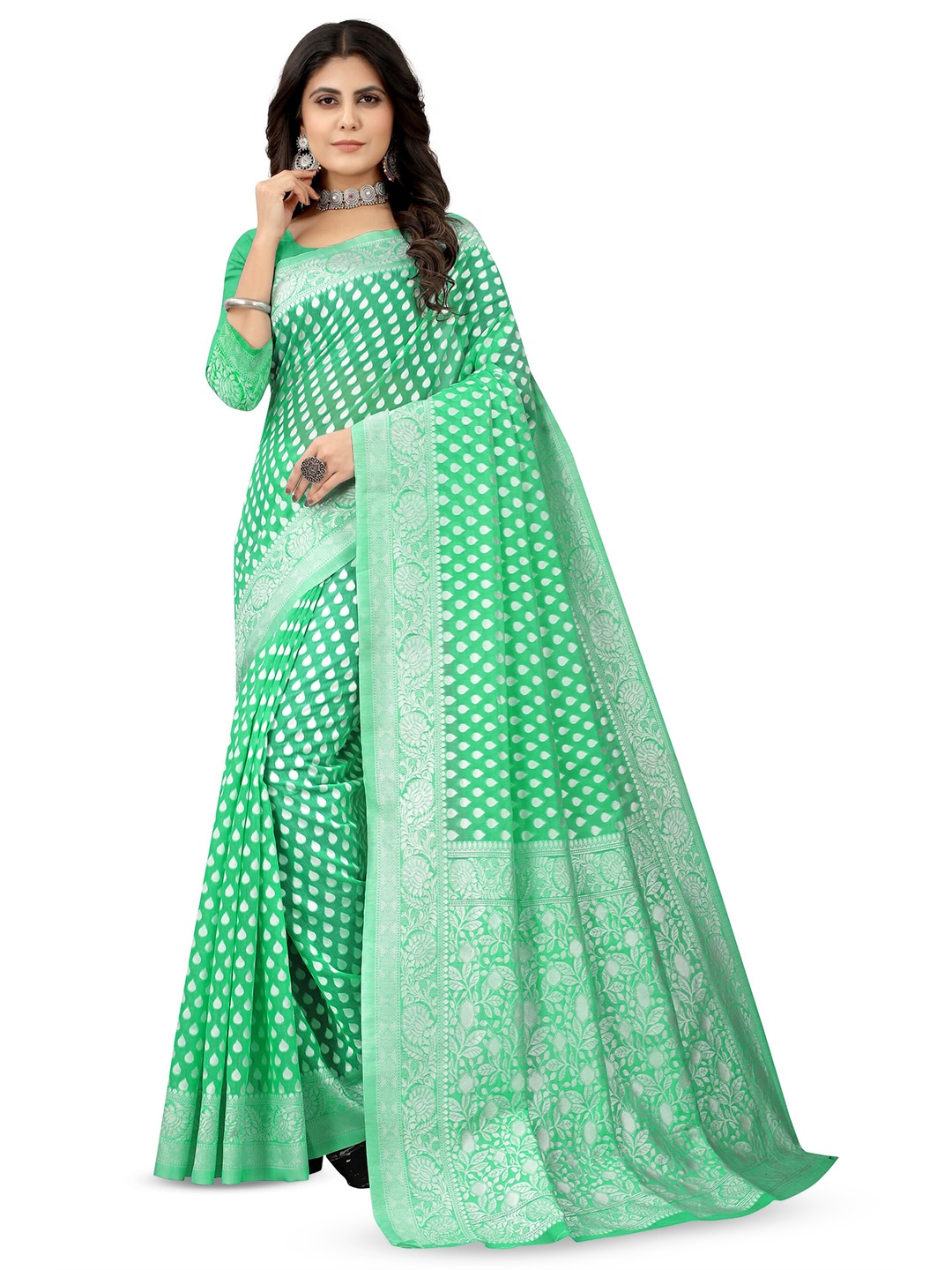 

VenderVilla Ethnic Motifs Woven Design Zari Banarasi Saree, Green