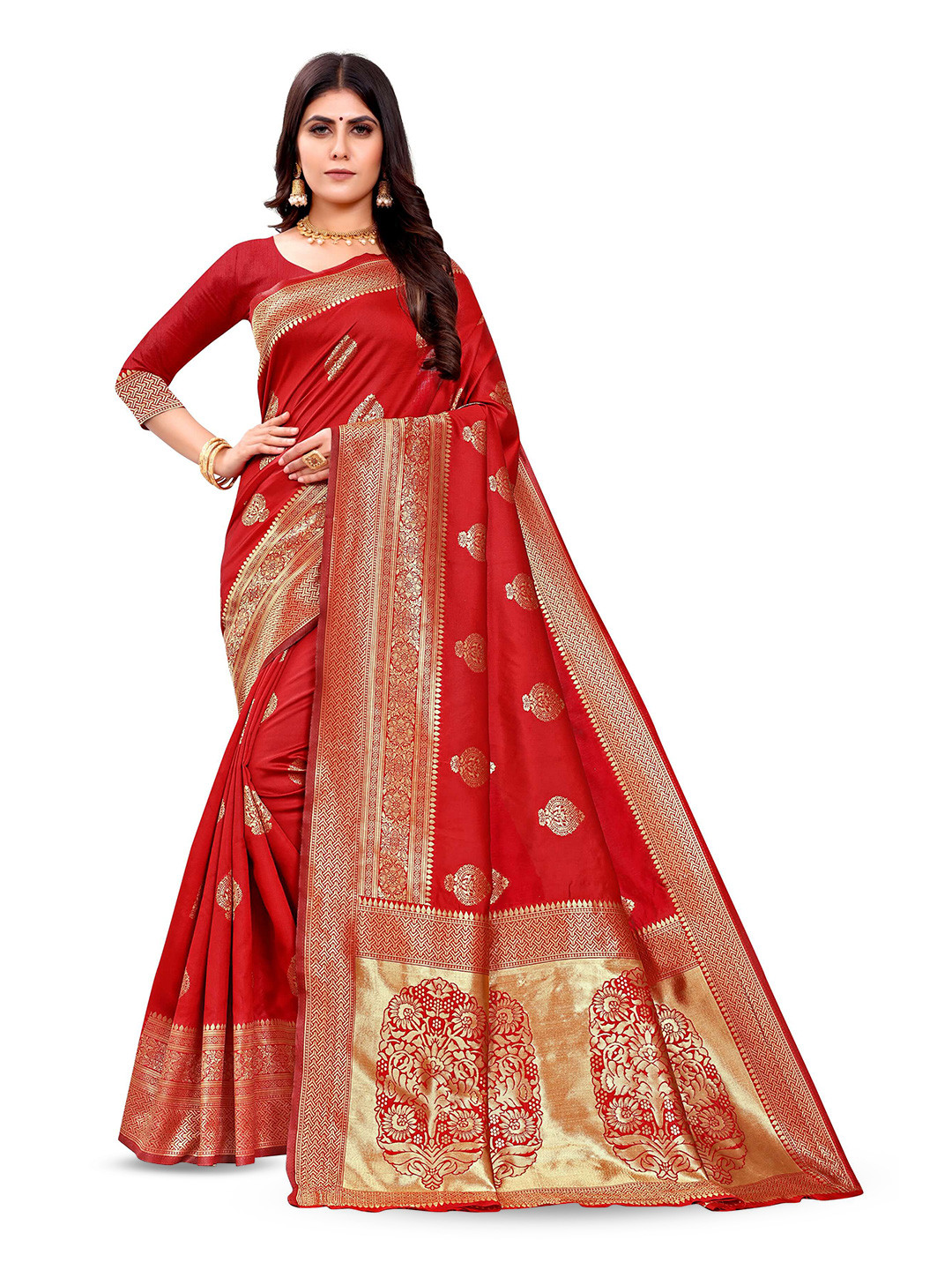 

VenderVilla Ethnic Motifs Woven Design Zari Saree, Red