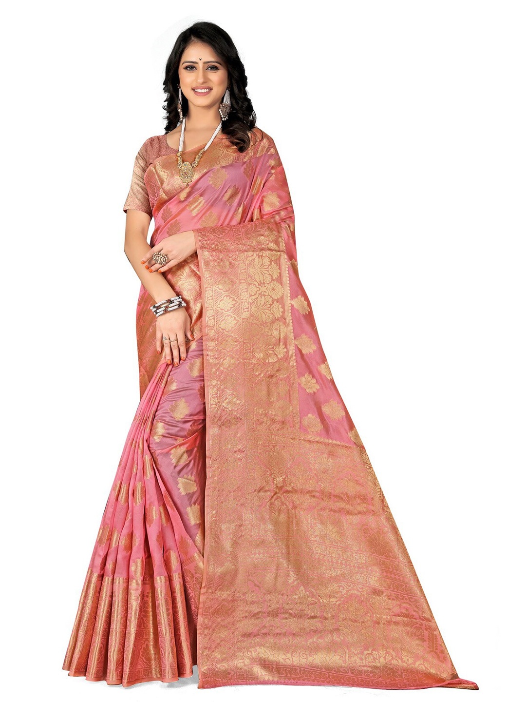 

VenderVilla Ethnic Motifs Woven Design Zari Saree, Pink