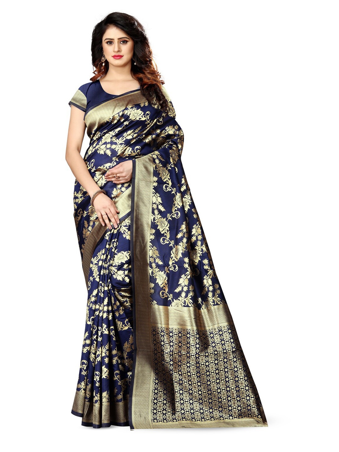 

VenderVilla Floral Woven Design Zari Banarasi Saree, Navy blue