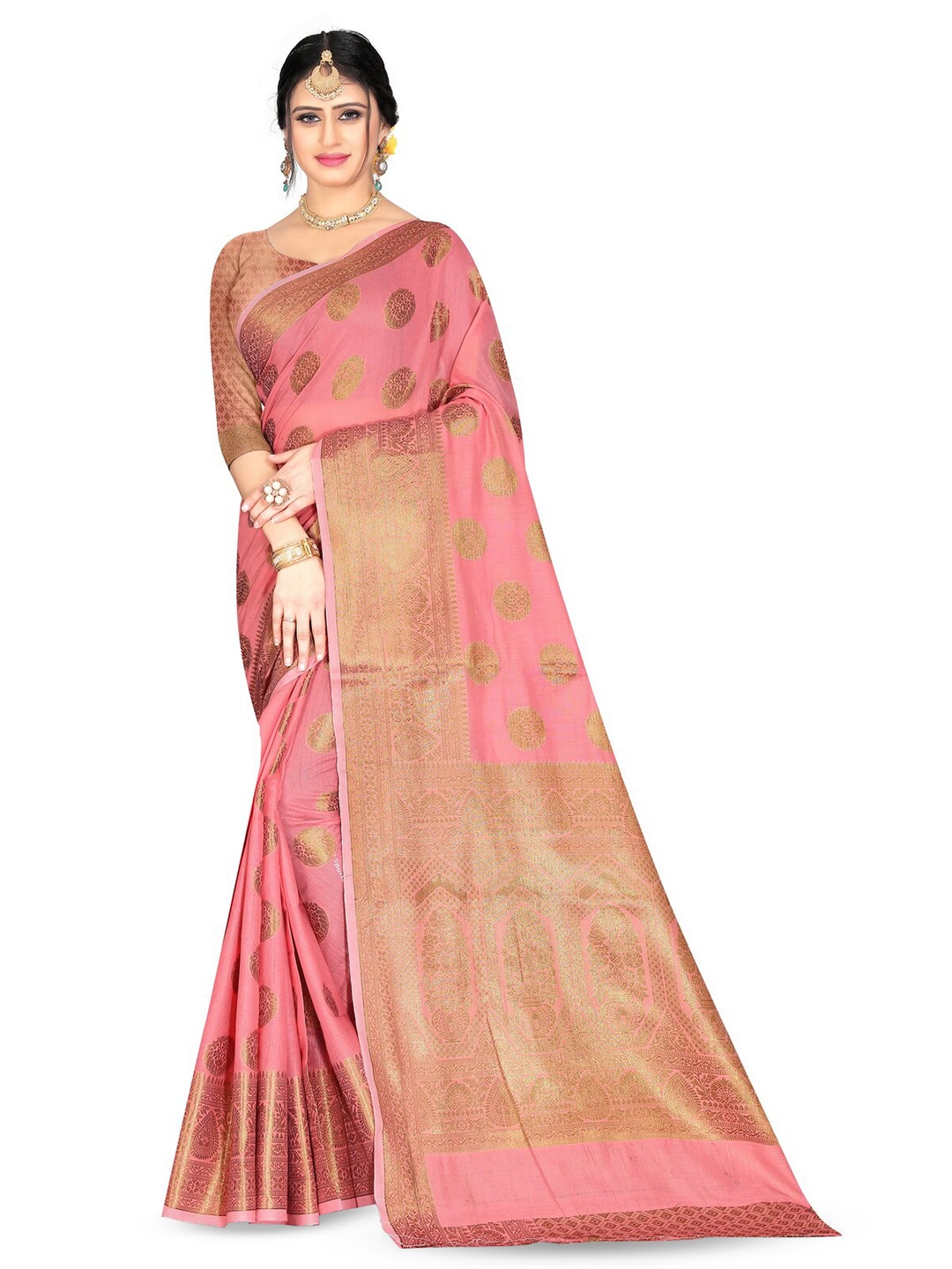 

VenderVilla Ethnic Motifs Woven Design Zari Jacquard Banarasi Saree, Pink