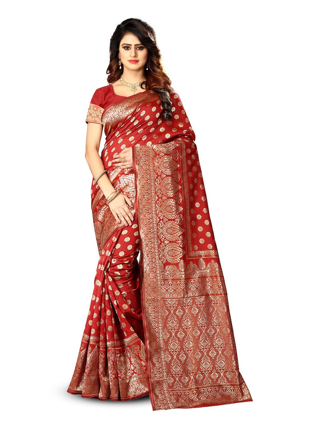 

VenderVilla Woven Design Zari Saree, Red