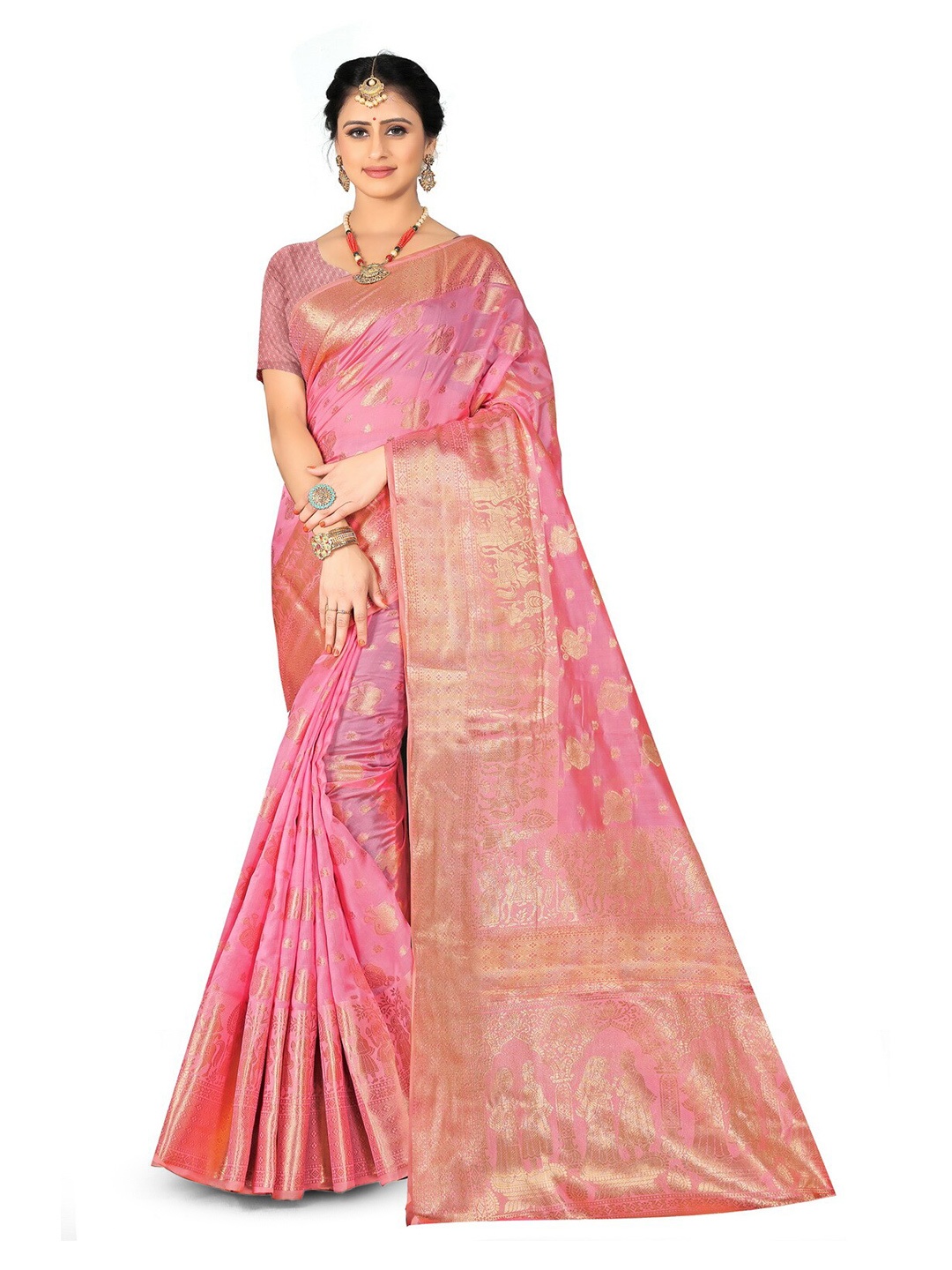 

VenderVilla Woven Design Zari Saree, Pink