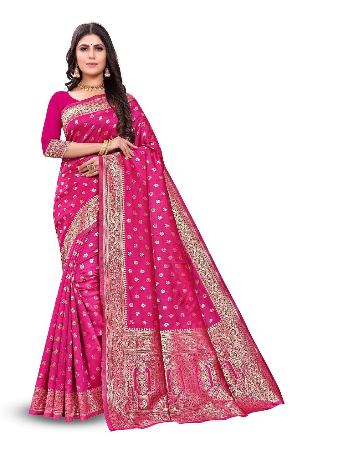 

VenderVilla Ethnic Motifs Woven Design Zari Saree, Pink