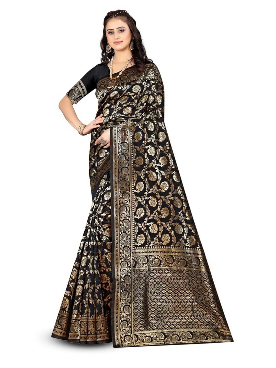 

VenderVilla Woven Design Ethnic Motifs Zari Saree, Black