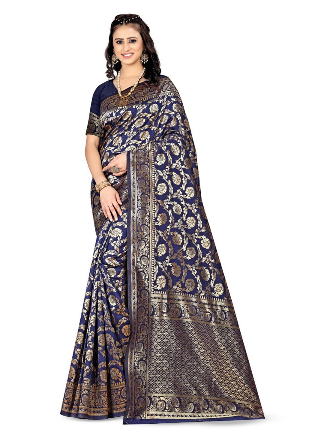 

VenderVilla Woven Design Zari Silk Blend Saree, Navy blue