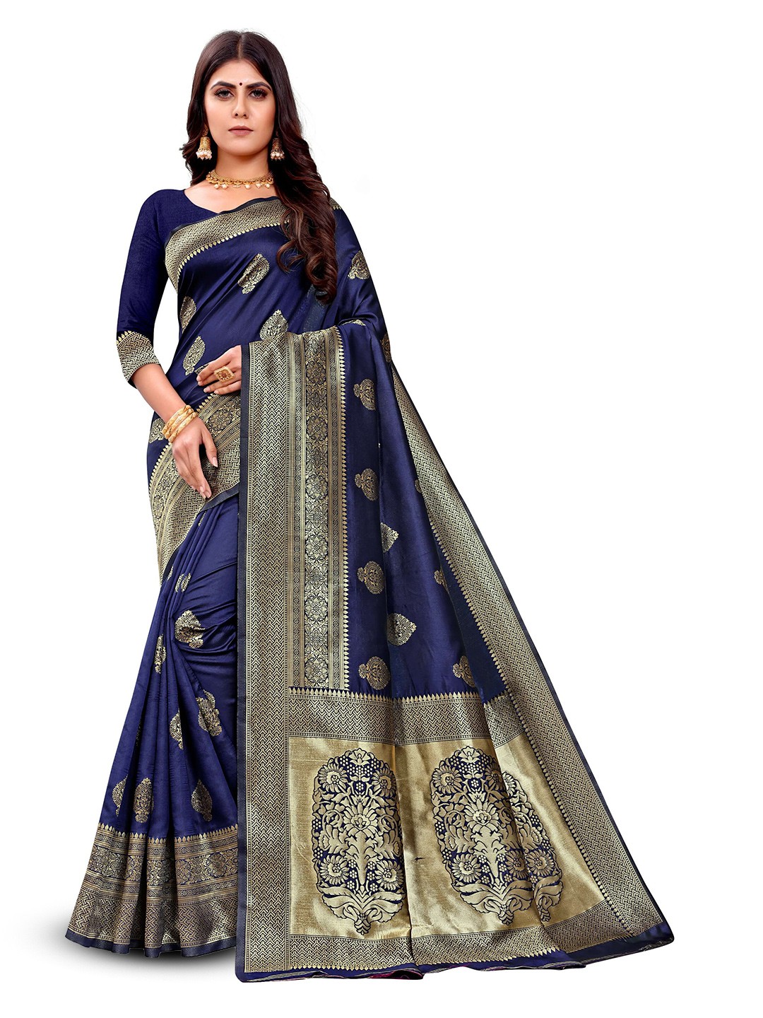 

VenderVilla Woven Design Ethnic Motifs Zari Saree, Navy blue