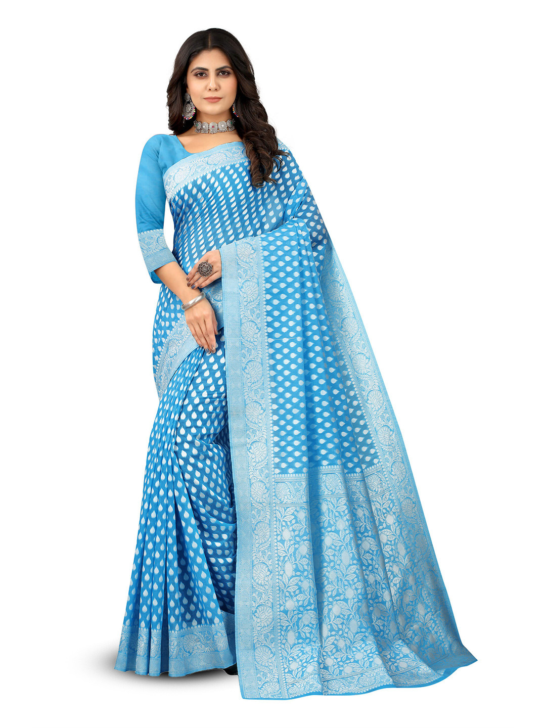 

VenderVilla Woven Design Zari Saree, Turquoise blue