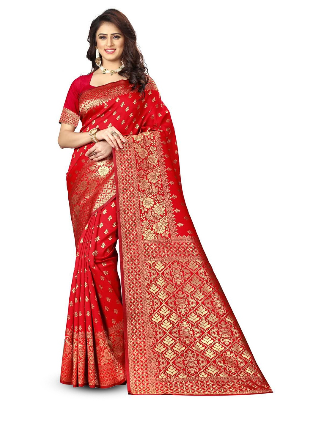 

VenderVilla Floral Woven Design Zari Saree, Red
