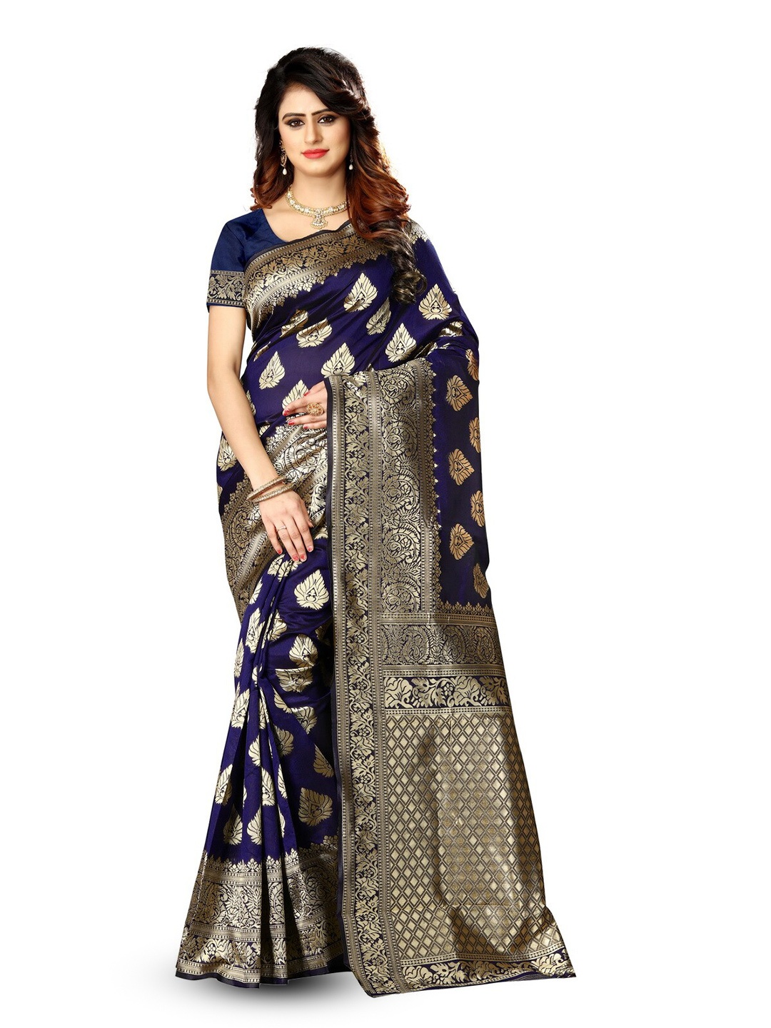 

VenderVilla Woven Design Ethnic Motifs Zari Saree, Navy blue