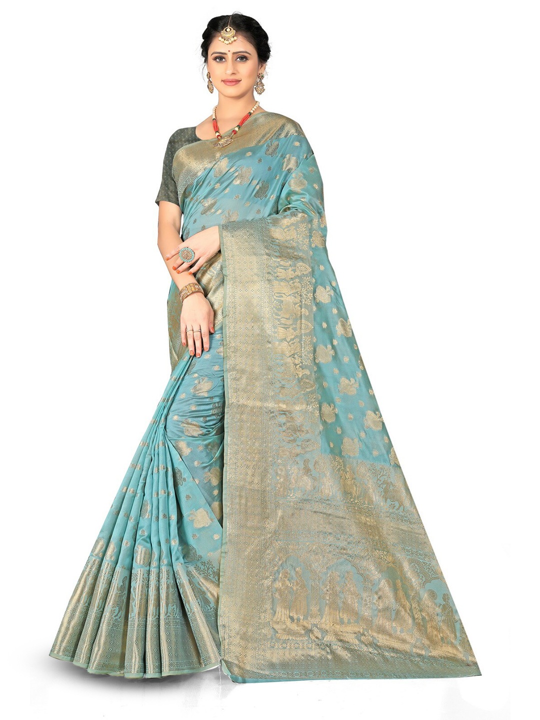 

VenderVilla Woven Design Ethnic Motifs Zari Silk Blend Saree, Turquoise blue