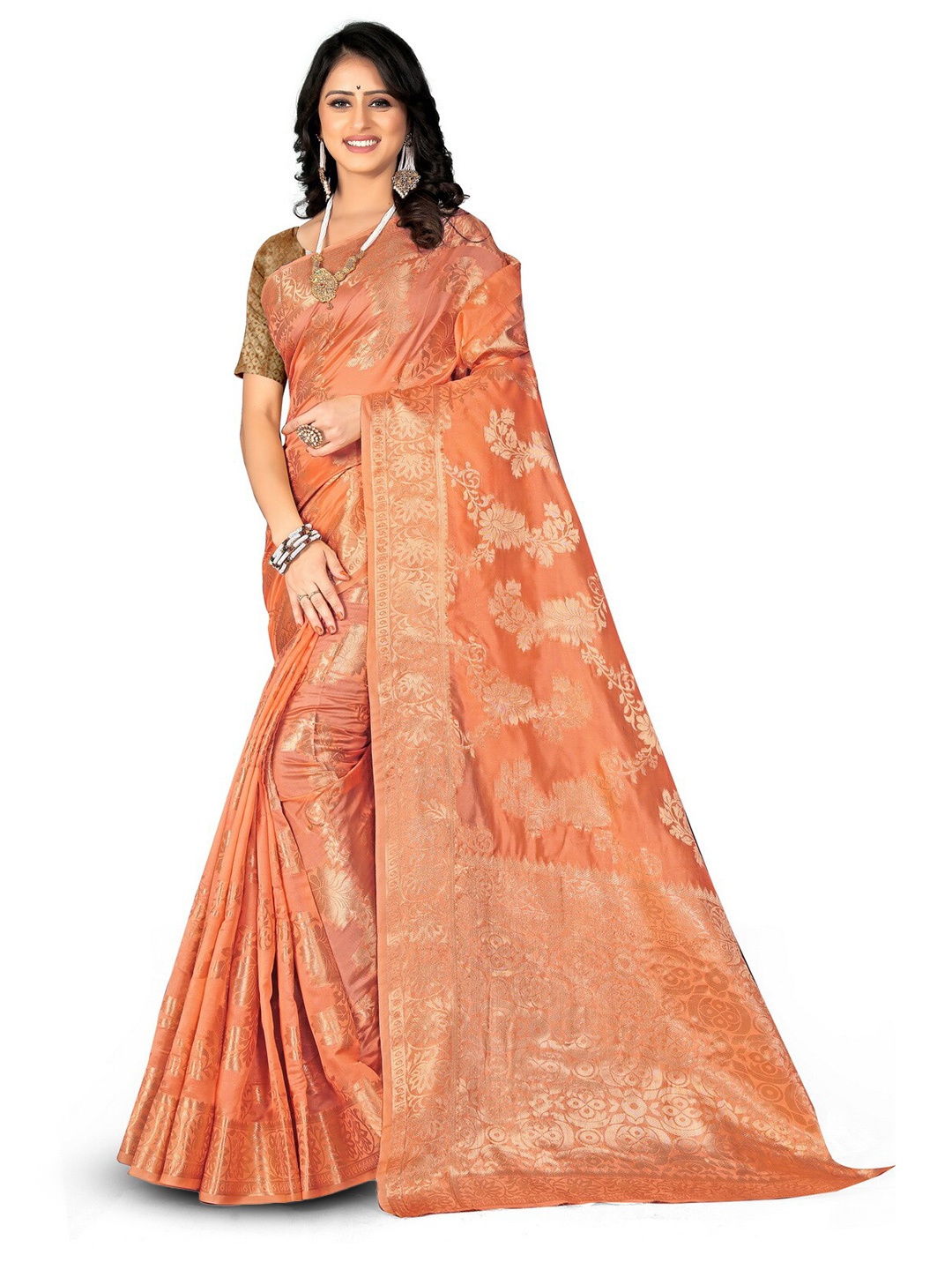 

VenderVilla Woven Design Floral Zari Saree, Orange