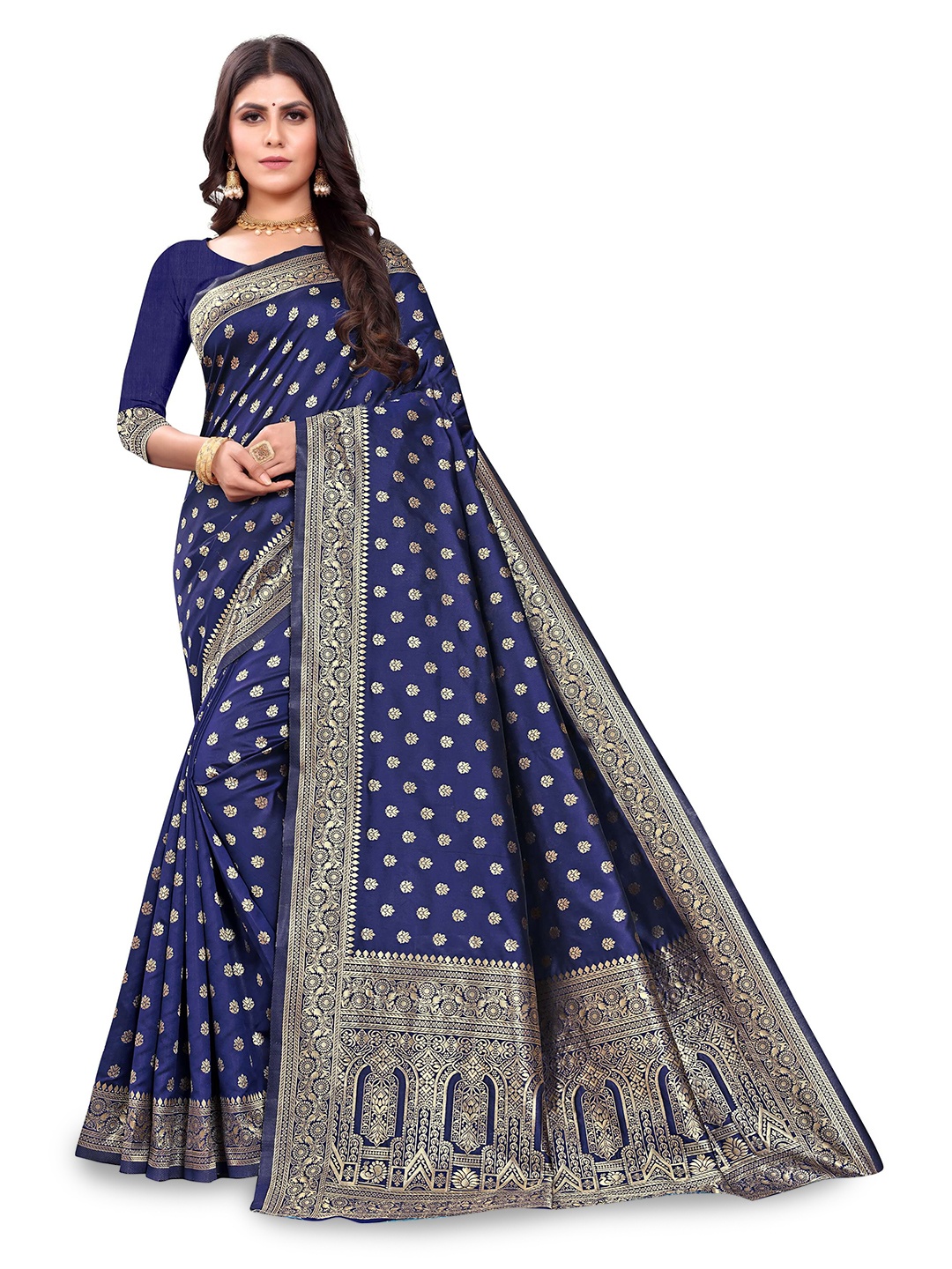 

VenderVilla Ethnic Motifs Woven Design Zari Saree, Navy blue