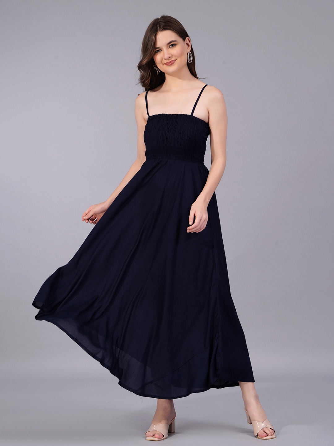 

KALINI Shoulder Straps Gathered Detailed Fit & Flare Midi Dress, Navy blue