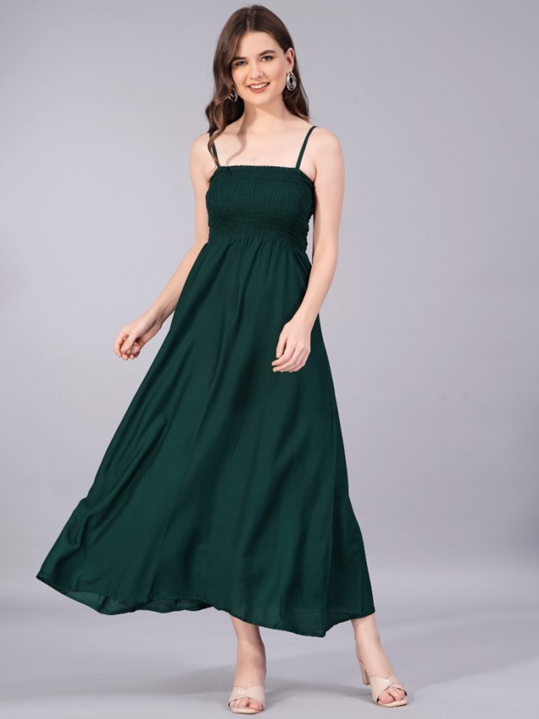 

KALINI Shoulder Straps Smocked Midi Fit & Flare Dress, Green