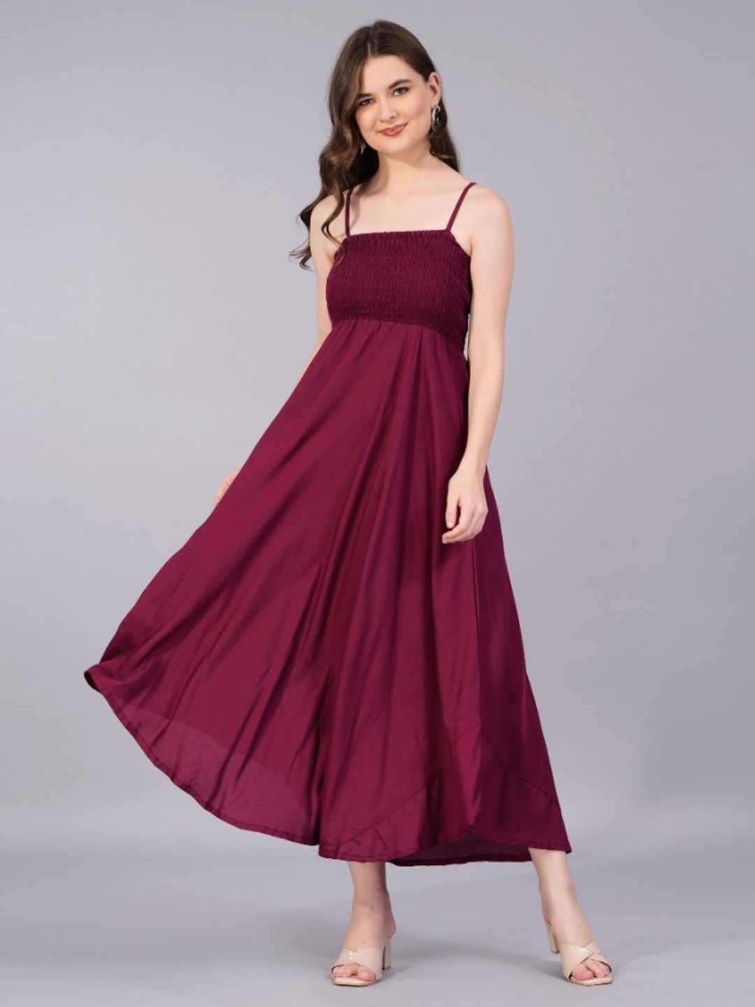 

KALINI Shoulder Straps Sleeveless Smocked Fit & Flare Midi Dress, Burgundy