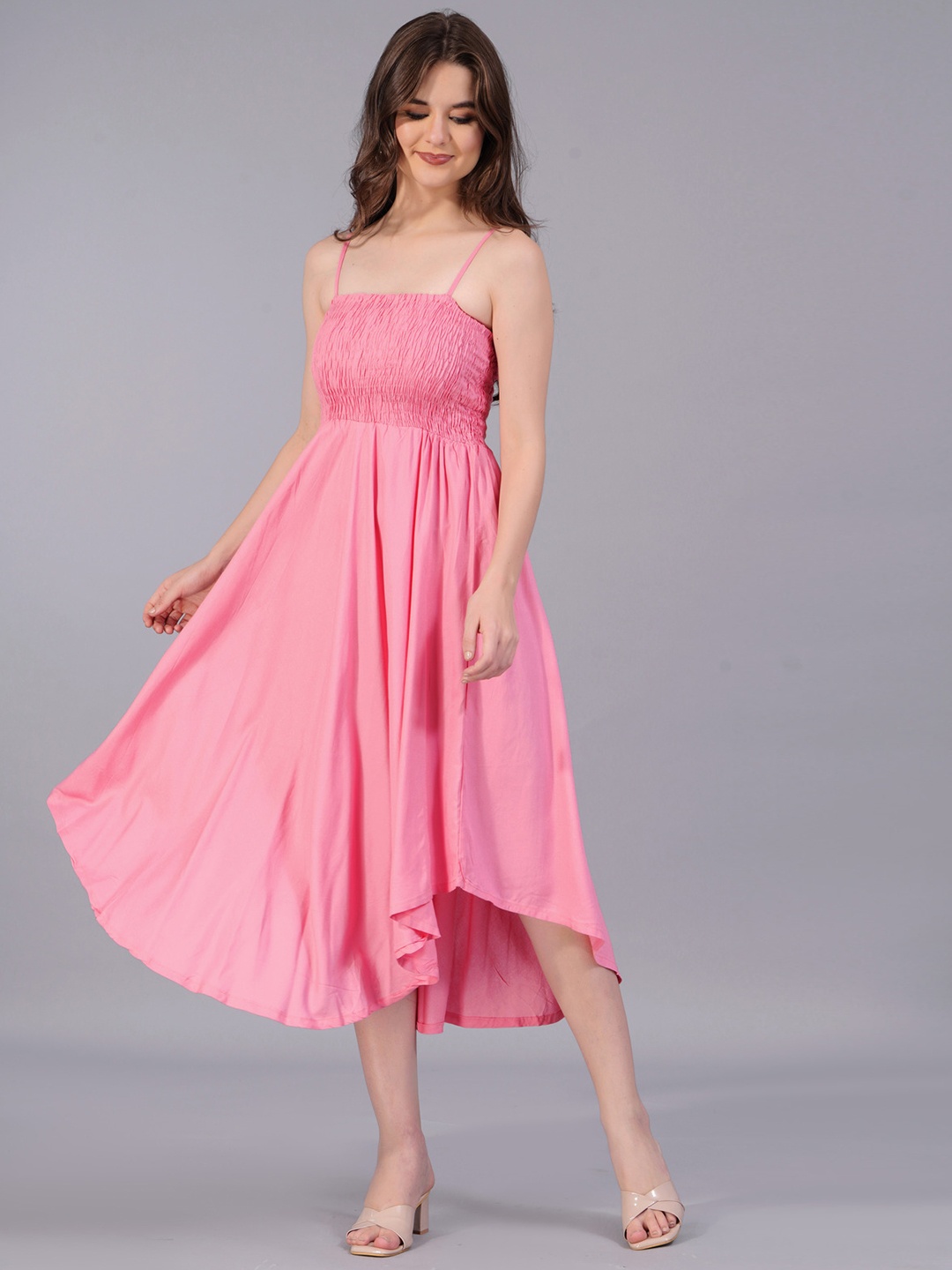 

KALINI Shoulder Straps Sleeveless Smocked Fit & Flare Midi Dress, Pink