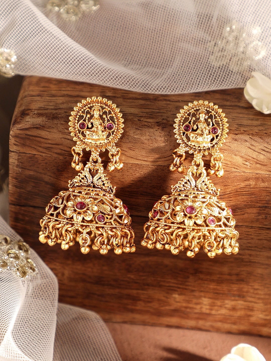 

Rubans 22k Gold Plated Lakshmi Motif Temple Jhumka Earrings