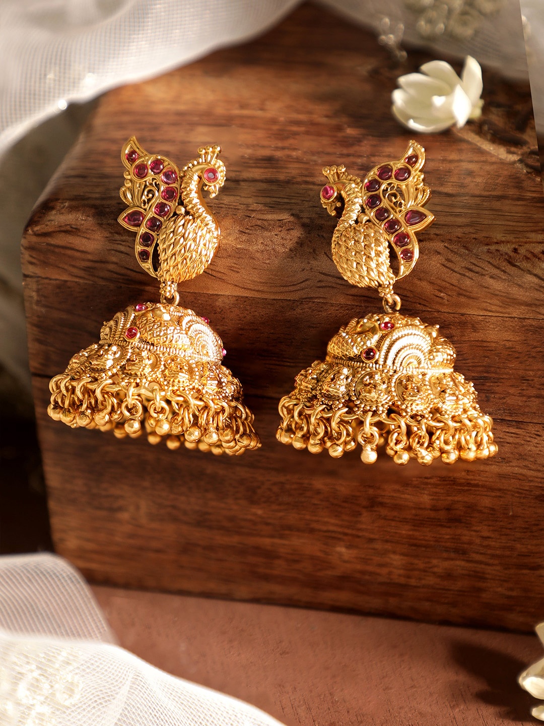 

Rubans Divine Feathers 22k Gold-Plated Jhumka Earrings with Peacock Charm