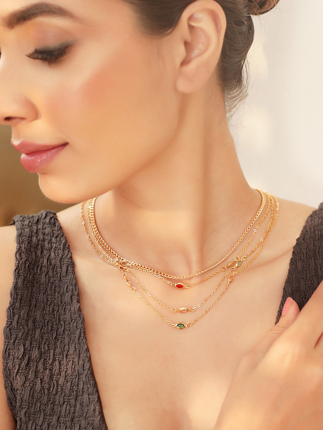 

Rubans Voguish 18K Gold Plated Crystal Zirconia Charms Cuban Link Multi Layered Necklace