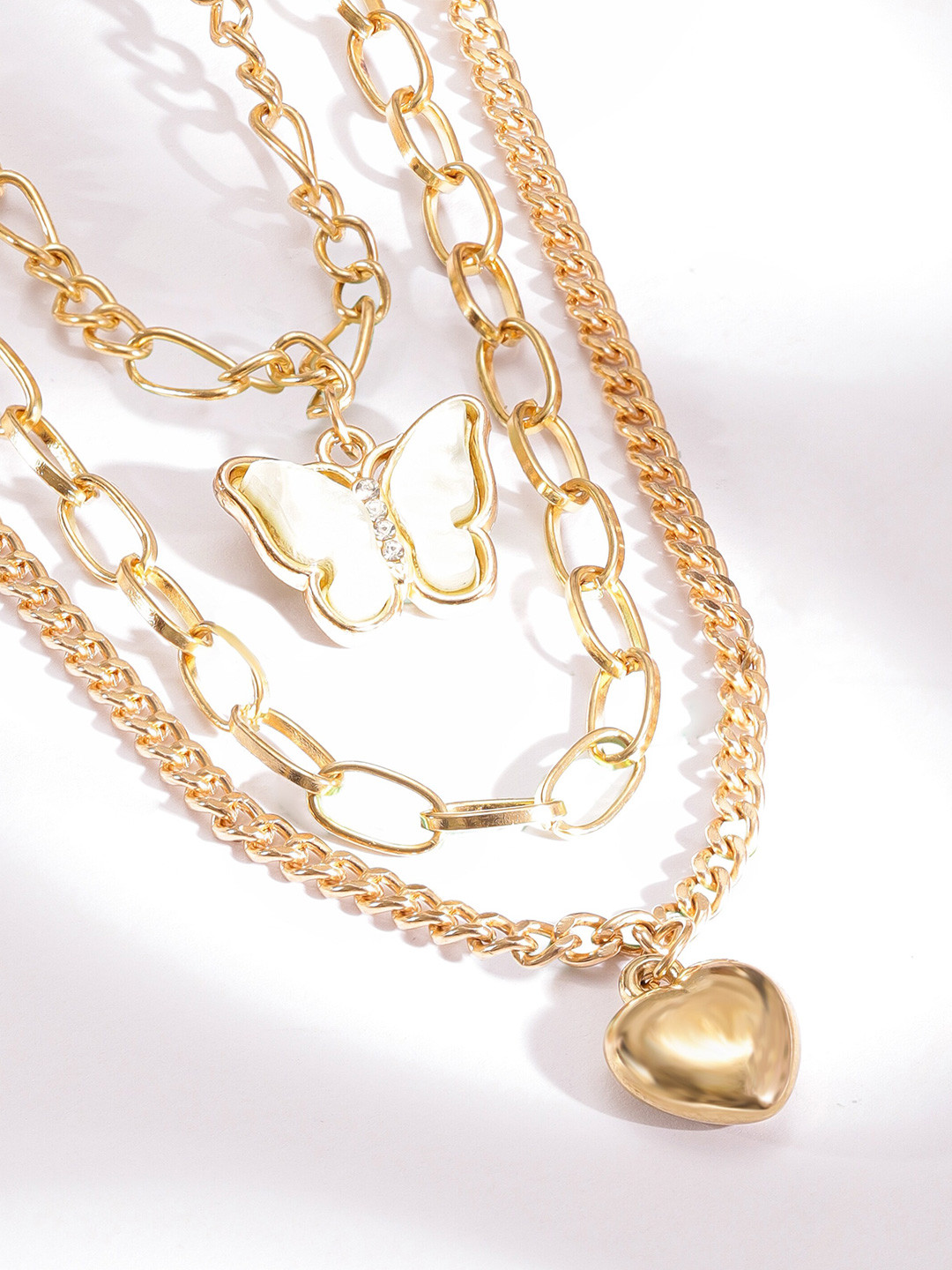 

Rubans Voguish 18K Gold-Plated Butterfly and Heart Charm Cuban Link Chain Triple Layered Necklace