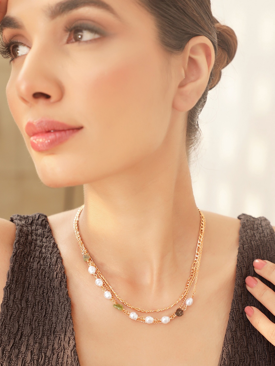 

Rubans Voguish 18K Gold Plated Pearls Cuban Link Chain Triple Layered Necklace
